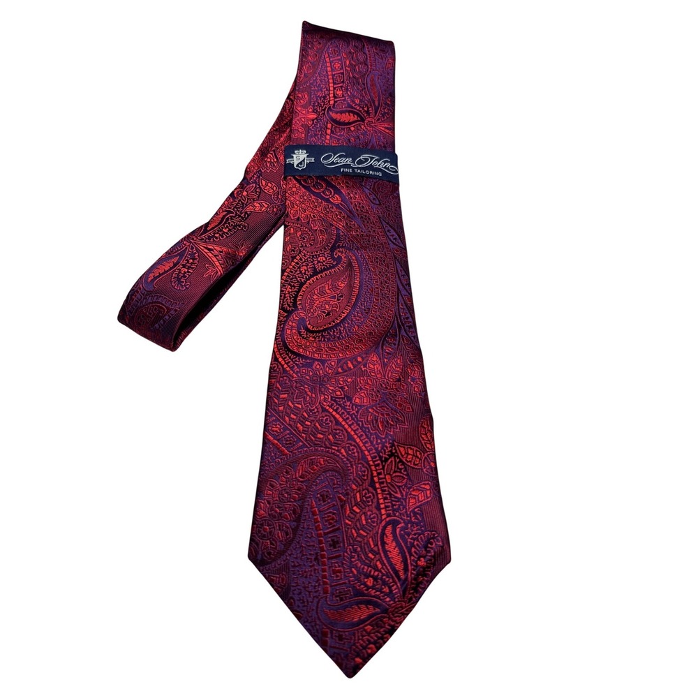 Sean John Tailoring Mens Burgundy Purple Paisley 100%‎ Silk Hand Made Necktie